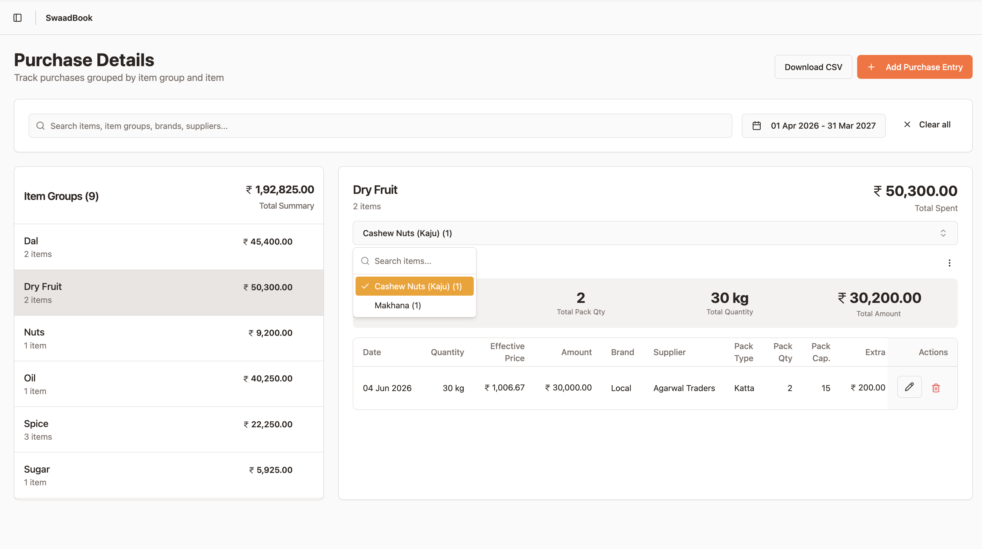 Purchase and packing records inside SwaadBook